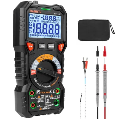 Immagine prodotto di Multimetro digitale con prese a LED, amperometro KAIWEETS HT118E, contatore True RMS Auto-Range 20000, misura tensione, capacità, temperatura, resistenza