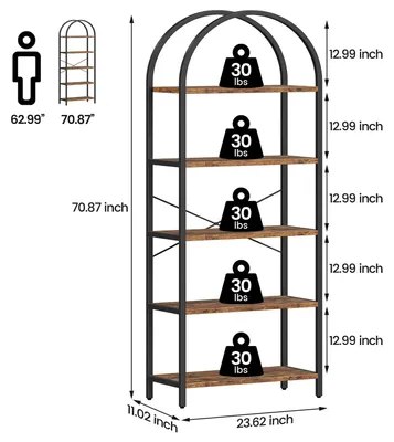 Produktbild von Modernes Gebogenes Bücherregal - 5-Stöckiges Hohes Standregal - Metallgestell - Offenes Holzregal Zur Aufbewahrung - Wohnzimmer Büro Schlafzimmer - Braun