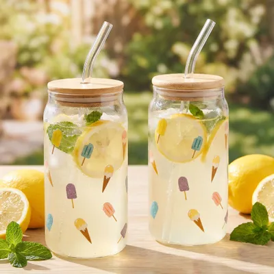 Produktbild von 2er Set Trinkglas 500ml Eis am Stiel Glas-Strohhalm Deckel Trinkbecher Sommer Ice Kaffee Sommerglas Glasbecher