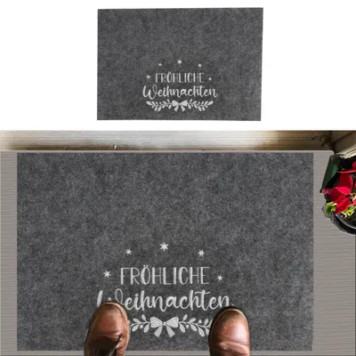 Produktbild von Fussmatte Weihnachtsmotiv "Fröhliche Weihnachten" bestickt Filz grau 60x40cm Fußabstreifer Schmutzfangmatte Türvorleger Fußabtreter