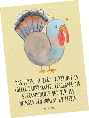 Produktbild von Mr. & Mrs. Panda Postkarte Thanksgiving Truthahn - Gelb Pastell - Geschenk, Grußkarte, Ansichtskarte, Postkarten, Handgezeichnet, Zeichnung, Fotokarte, Dankbarkeit