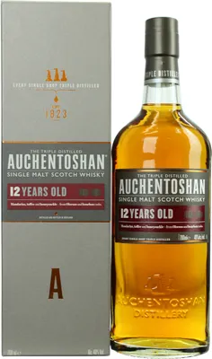 A bottle of Auchentoshan 12 Years Old Single Malt Scotch Whisky and its gift box.