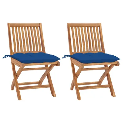 Productafbeelding van Twee tuinstoelen met blauwe kussens, gemaakt van massief teakhout