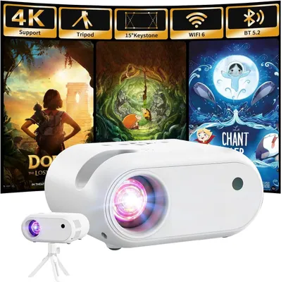 Imagen del producto de Mini proyector con trípode, resolución 1080p, con conexión WiFi y Bluetooth, portátil, compatible con smartphones y dispositivos de streaming