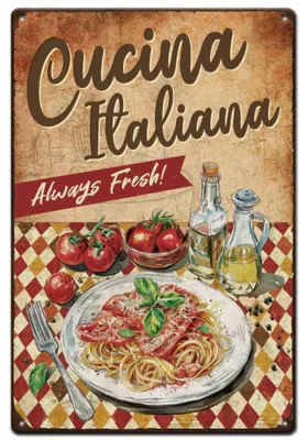 Productafbeelding van Vintage Blechschild Italiaanse Keuken met Spaghetti en Fruit