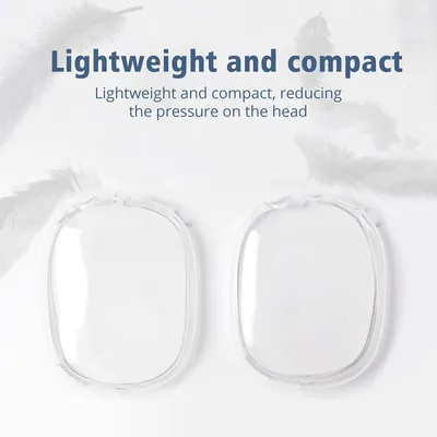 Two clear protective covers for headphones are shown on a white background with feathers.