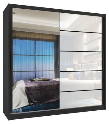 Produktbild von BELINI Verona MGB Schiebetürenschrank 200 cm Schwarz/Weiß Hochglanz - Kleiderschrank mit Spiegel & 2 Schubladen, Schlafzimmer