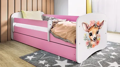 Produktbild von Kinderbett Rosa 70x140 80x160 80x180 cm – mit Matratze, Rausfallschutz und Schublade – Jugendbett für Mädchen – Stabil und Sicher – Bambi – 160x80 cm, KI-generiertes Bild