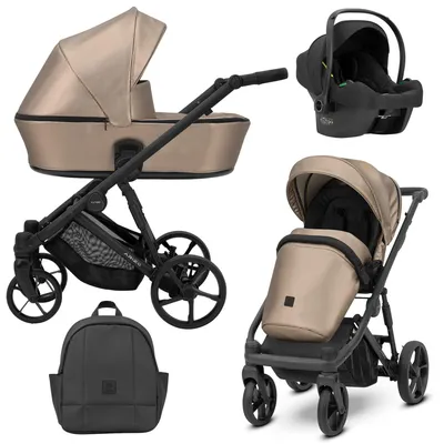 Immagine prodotto di Passeggino Kunert ARIZO 3in1 in ecopelle con telaio nero, navicella e seduta sportiva in cappuccino