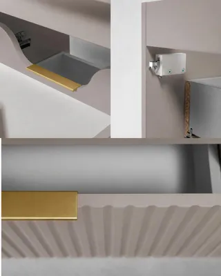 Produktbild von Badezimmerschrank stehend 80, gerillte Front 16 mm, Kaschmir + Platte Nussbaum-Eiche, Griffe in zwei Farben, 80 x 46 x 73,6 cm