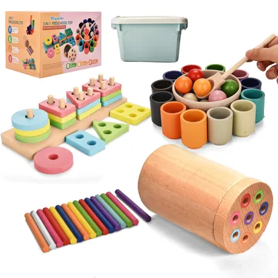 Produktbild von Montessori Spielzeug 3-in-1, Holz Regenbogenbälle, 18-36 Monate, für Kinderzimmer