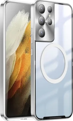 Produktbild von Metall Hülle für Samsung Galaxy S21 Ultra 5G mit eingebaut Magnetspule Matte Durchscheinend Handyhülle Kameraschutz Silber