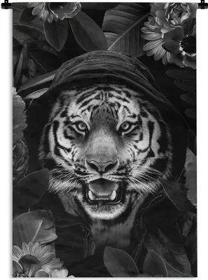 Produktbild von MuchoWow® Wandteppich Wandbehang Tiger mit Kapuze zwischen Blumen - schwarz und weiß 60x90 cm Tapisserie Dekoration Wandtuch - Foto-Teppich - Abwaschbar