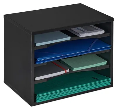 Image de Organiseur de courrier - A4 - 4 compartiments - Bois - Noir - 28 x 35,5 x 25 cm