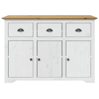 A white and brown wooden sideboard with three drawers and three cabinet doors.