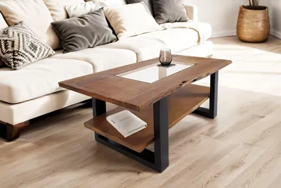 Produktbild von Couchtisch mit Glaseinsatz Baumkante massiv Akazie nussbaum 115x65 cm schwarz PATRICK