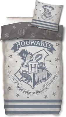 A Harry Potter themed duvet cover and pillow set laid out flat.