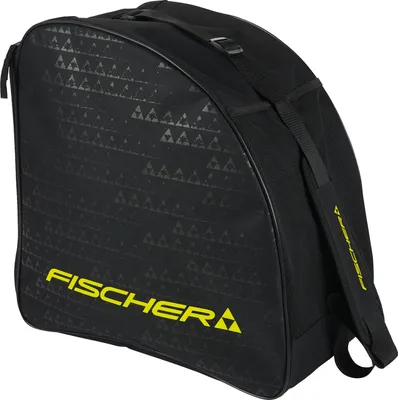 A black ski boot bag with a geometric pattern and yellow branding.