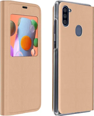 Zdjęcie produktu dla Etui Avizar z klapką, z przezroczystym okienkiem i przegródką na karty, dla Samsung Galaxy A11, kolor złoty