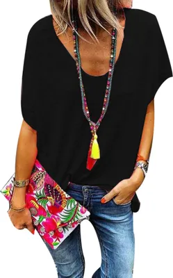 Produktbild von Plus Size Candy Color V-Ausschnitt Kurzarm T-Shirt Sommer T-Shirt Frauen Loose Top Schwarz XXXL