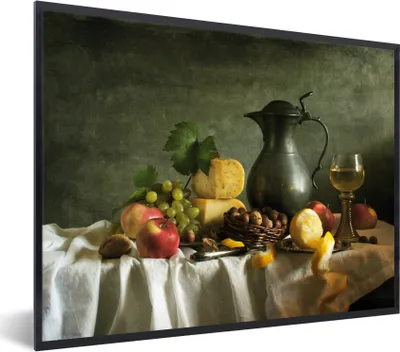 Produktbild von MuchoWow® Gerahmtes Poster Rustikal - Käse - Teekanne - Obst - Stilleben 80x60 cm - Poster mit Schwarzem Bilderrahmen Wandposter Rahmen Foto Bilder - Schwarzem - Mit Gestell