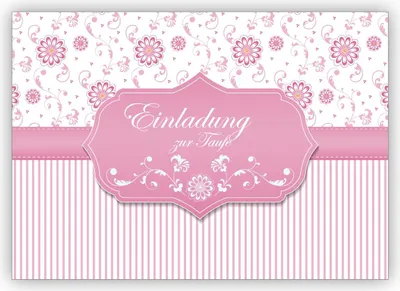 Produktbild von 4x Feine Einladungskarte zur Taufe eines Baby Mädchen mit Blümchen und Streifen, rosa: Einladung zur Taufe