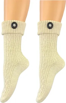 Produktbild von modische Damen und Herren Trachtensocken im modernen Landhaus-Stil mit Hirschhornknopf beige – handgekettelte Naht - Oktoberfest Volksfest Hochzeit