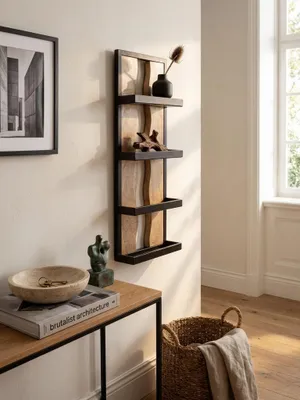 Produktbild von Wandregal 30x80x10 cm Mango Massivholz / Metall Hängeregal Industrial, Design Schweberegal Rechteckig, Regal Hängend Wohnzimmer, Holzregal Wand mit 4 Ablagen & Wellenmuster