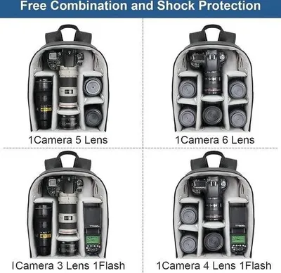 Image de Sac à dos pour appareil photo, sac à dos professionnel pour appareils photo reflex numériques (DSLR) et sans miroir, imperméable, sac compatible avec Sony, Canon et Nikon, avec accessoires pour appareil photo, objectifs et trépied (petit format, noir)