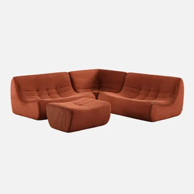 Produktbild von sweeek - Modulares 5-Sitzer Ecksofa mit 5 Cordbezug und Hocker - Terrakotta