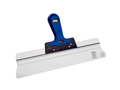 A drywall finishing trowel with a blue handle and a wide silver blade, isolated on a white background.