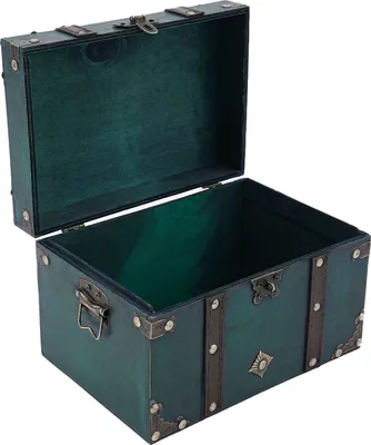 An open, decorative storage box with metal accents.