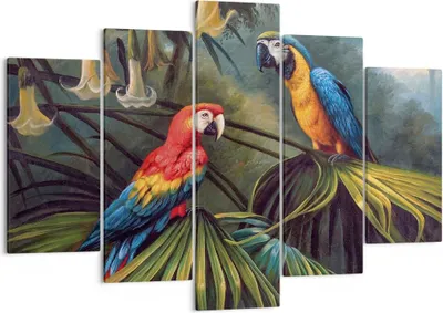 Produktbild von Bild auf Leinwand - Leinwandbild - 5 Teile - Ara Papageien Palmen - 150x100cm - Wand Bild - Wanddeko - Wandbilder - Leinwanddruck - Bilder - Wanddekoration - Leinwand bilder - EA150x100-4780