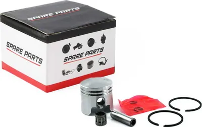 A box of spare parts and a piston kit are displayed on a white background.
