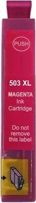 A magenta ink cartridge with text and an illustration.