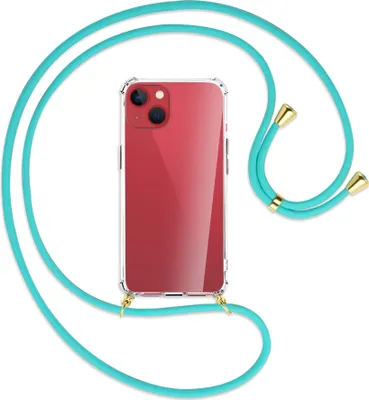 Produktbild von Handykette Backcover-Schutzhülle mit Band (Metall goldfarben) für Apple iPhone 13 mini - türkis