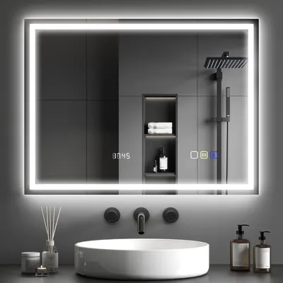 Obrázek produktu pro LED zrcadlo do koupelny HOMCOM, protizamlžovací vložka, 3 barvy světla, hodiny