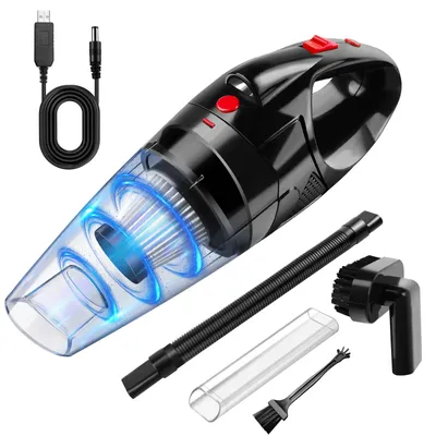 Obrázek produktu pro Ruční vysavač do auta - Přenosný bezdrátový vysavač do auta - Nabíjení přes USB - HEPA filtr - LED osvětlení - Kompaktní nádrž o objemu 0,5 litru - Černá barva