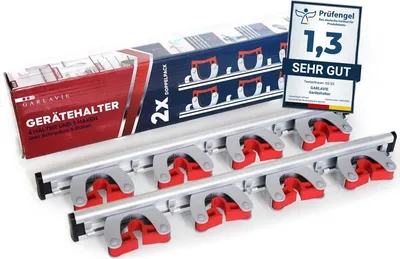 Produktbild von GARLAVIE Gerätehalter (45cm) mit 4 Haltern und 5 Haken. Flexible Besenhalterung für mehr Ordnung. Premium Besen- und Gartenwerkzeughalter.