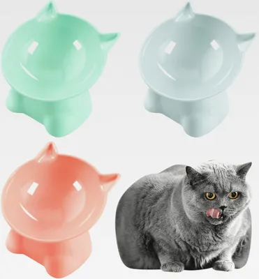Produktbild von Erhöhter Katzennapf, erhöhte Katzen-Futternäpfe mit Ständer, gekippt, Anti-Erbrechen, Katzenfutternapf, Halsschutznapf für Haustiere, 15 ° geneigt, erhöhter Katzenfutterspender