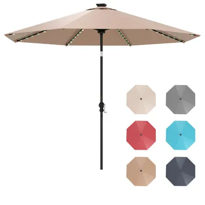 Produktbild von GOPLUS Sonnenschirm 300 cm mit LED Solar Beleuchtung, 9 Modi, um 35°knickbarer Terrassenschirm, Gartenschirm mit Kurbel, Braun
