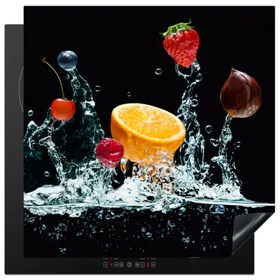 Produktbild von KitchenYeah© Herdabdeckplatte Wasser - Obst - Orange - Erdbeere - Kirsche - Schwarz , 78x78cm, Küche Deko, Glaskeramikkochfeld Herdabdeckung, Abdeckplatte fùr Kochfeld