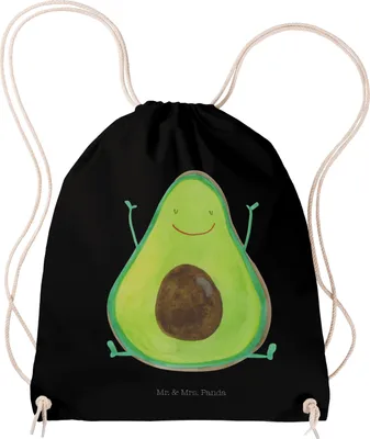 Produktbild von Mr. & Mrs. Panda Baumwollbeutel Avocado Glücklich - Schwarz - Geschenk, Baumwolltasche, Frucht, Chaos, Rucksackbeutel, wander rucksack, Freude, Turnbeutel, Drawstring Bag