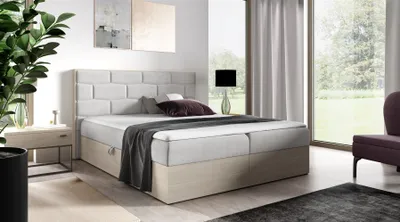 Produktbild von Boxspringbett Bett BEILA 200x200cm Nordic Teak Stoff Hellgrau inkl. Bettkasten