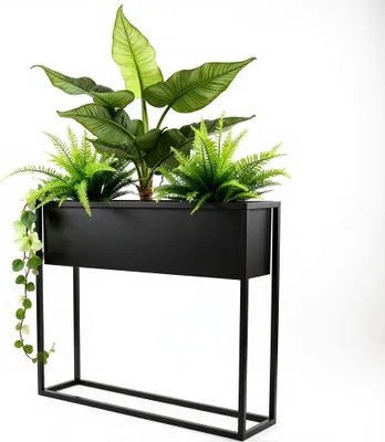 A black metal planter stand with various green plants.