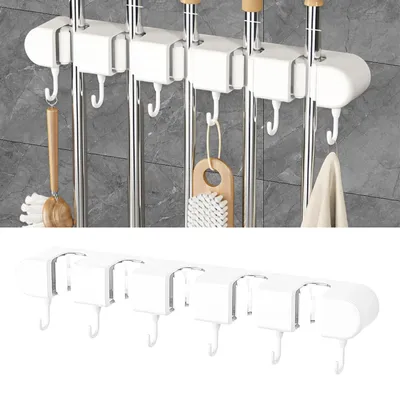 Obrázok produktu pre Samolepiaci držiak na metlu a mop s 5 polohami a 6 háčikmi