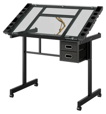 Productafbeelding van Tekenbureau met 2 lades en 4 wielen, verstelbaar tekenbureau, tekenplank in zwarte kleur