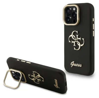 Zdjęcie produktu dla Guesspoliuretan grained 4G Logo Stand Camera Frame Back Cover dla iPhone 15 Pro Black