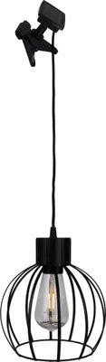 A black solar/pendant lamp with a cage-like shade and an exposed bulb, suspended by a black cord from a clip-on fixture.