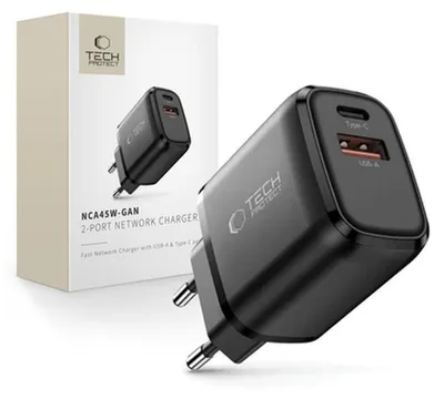 Obrázok produktu pre Tech-Protect Nca45W-Gan 2-portová sieťová nabíjačka PD 45 W / QC 3.0, čierna